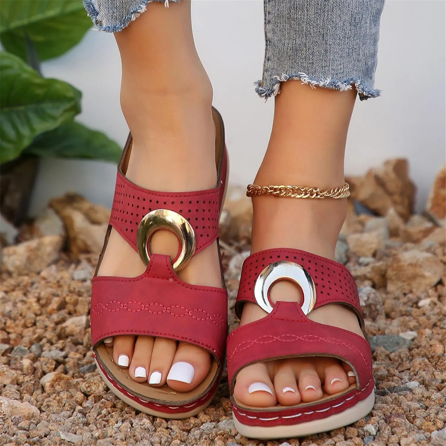 Women's Wedge Sandals Summer Leather Flat Hollow Out Slip On Open Toe Arch Support Platform Sandal Shoes