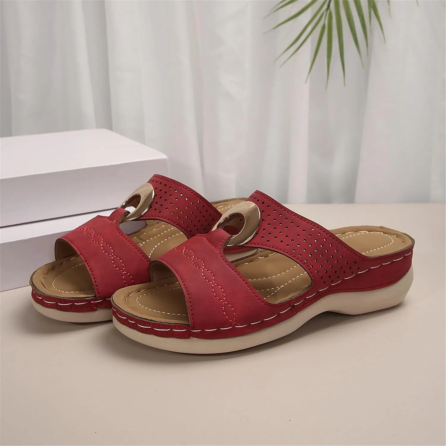Women's Wedge Sandals Summer Leather Flat Hollow Out Slip On Open Toe Arch Support Platform Sandal Shoes