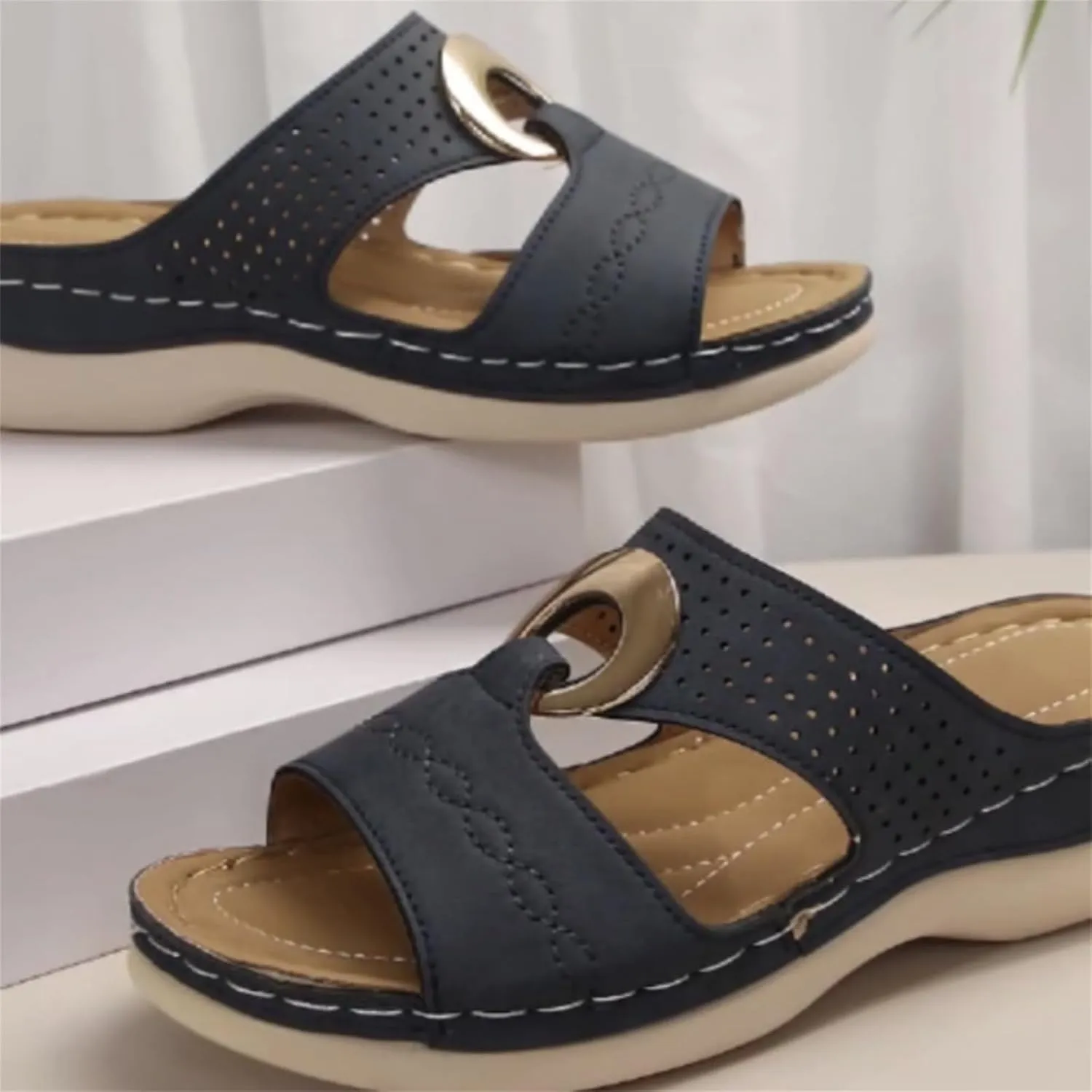 Women's Wedge Sandals Summer Leather Flat Hollow Out Slip On Open Toe Arch Support Platform Sandal Shoes