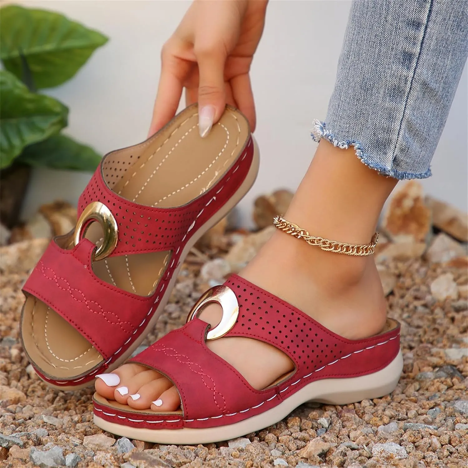 Women's Wedge Sandals Summer Leather Flat Hollow Out Slip On Open Toe Arch Support Platform Sandal Shoes