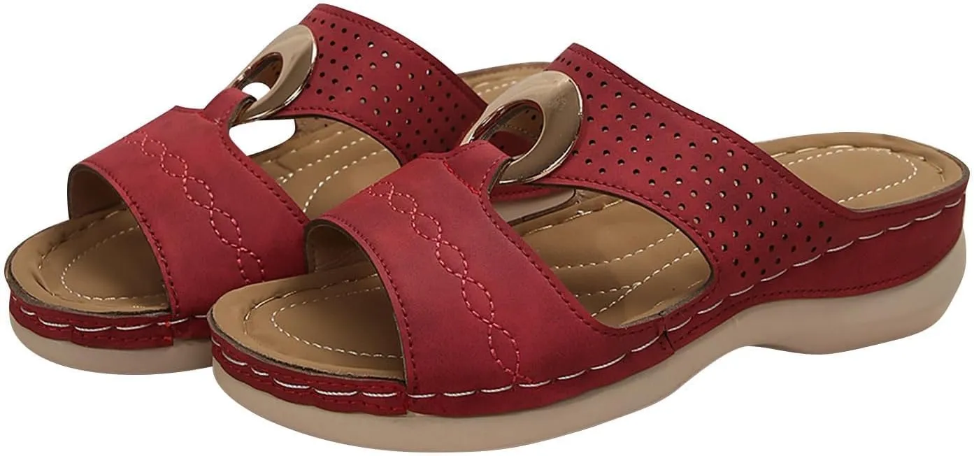 Women's Wedge Sandals Summer Leather Flat Hollow Out Slip On Open Toe Arch Support Platform Sandal Shoes
