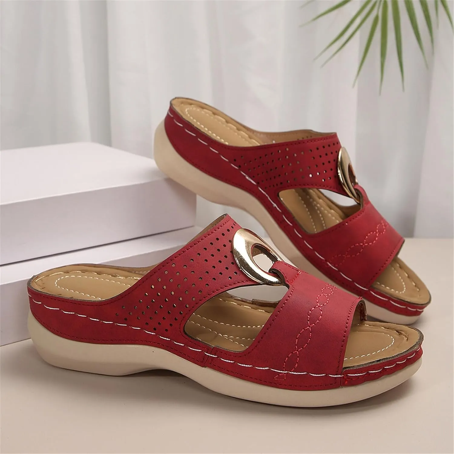Women's Wedge Sandals Summer Leather Flat Hollow Out Slip On Open Toe Arch Support Platform Sandal Shoes