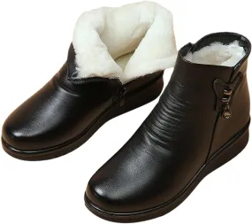 Women's Winter Fur Lined Warm Booties Round Toe PU Ankle Boots Side Zipper Buckle Short Boot Sherpa Fleece Snow Bootie Shoes