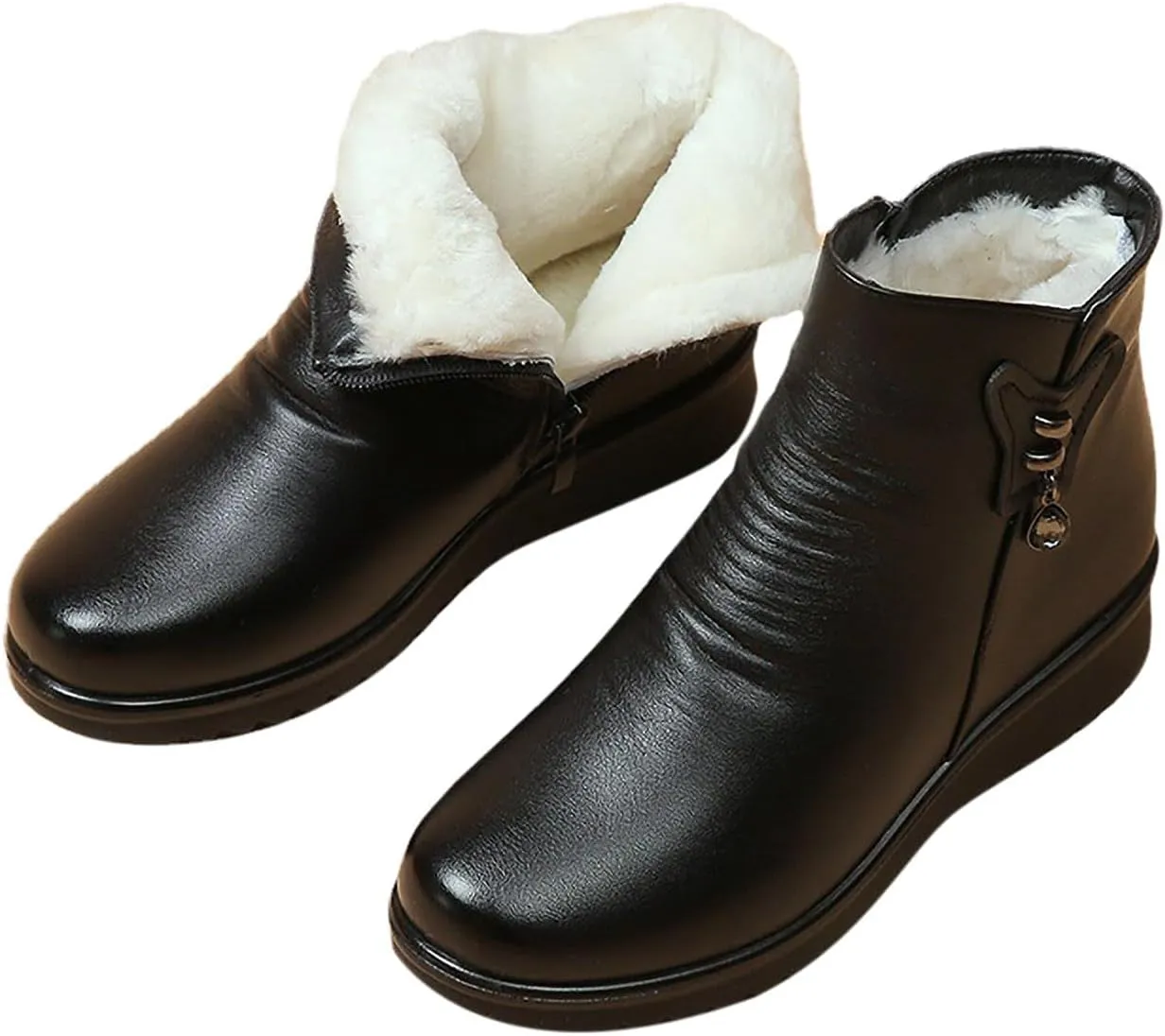 Women's Winter Fur Lined Warm Booties Round Toe PU Ankle Boots Side Zipper Buckle Short Boot Sherpa Fleece Snow Bootie Shoes